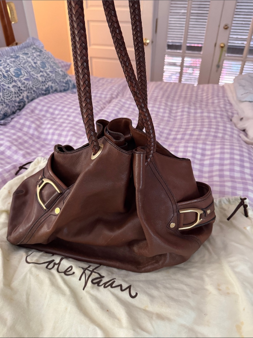 Cole Haan Dark Brown Braided-Handle Leather Shoulder Bag